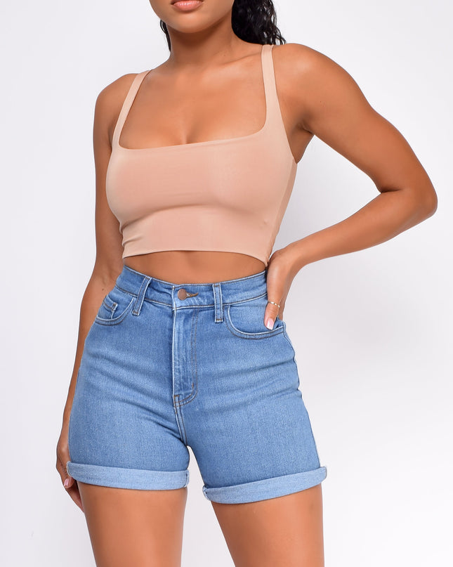 Blue High Rise Cuffed Hem Shorts