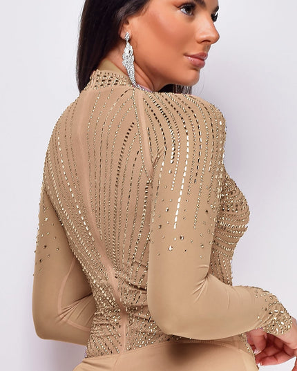 Beige Mesh Rhinestone Bodysuit