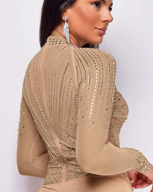Beige Mesh Rhinestone Bodysuit