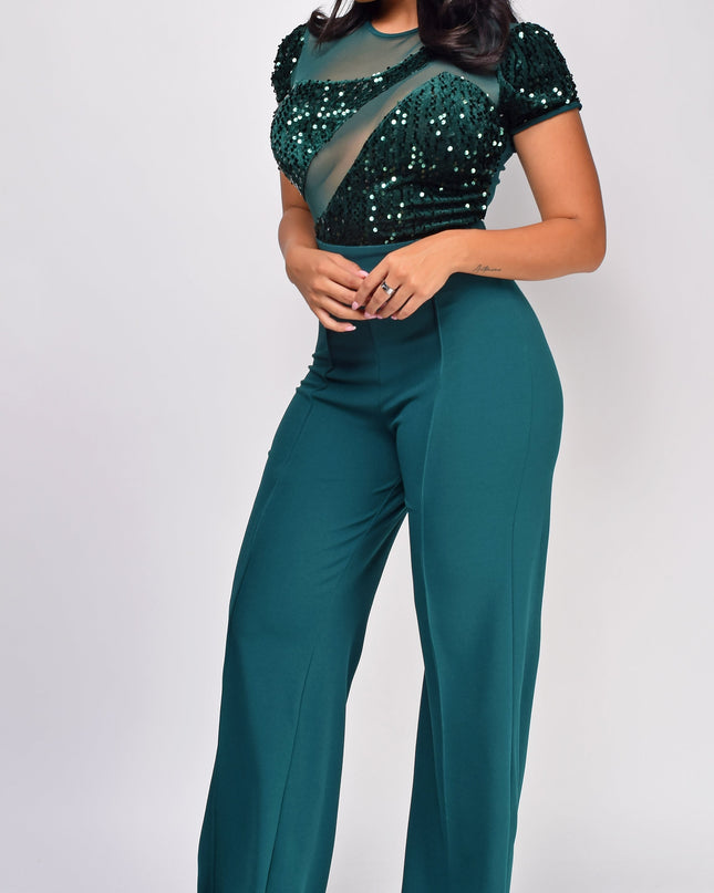 Green Sequin Mesh Short Sleeve Jumpsuit
