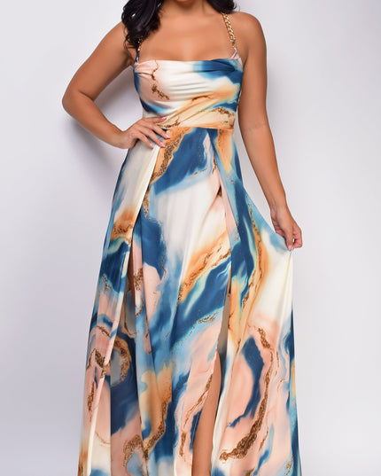 Beige Blue Multi Marble Double Slit Maxi Dress