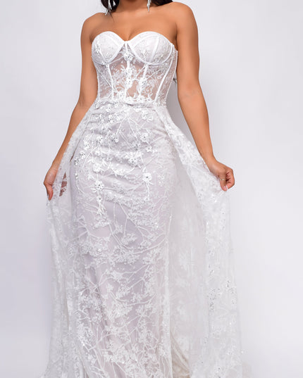 Strapless Floral Applique Tulle Overskirt Bridal Gown