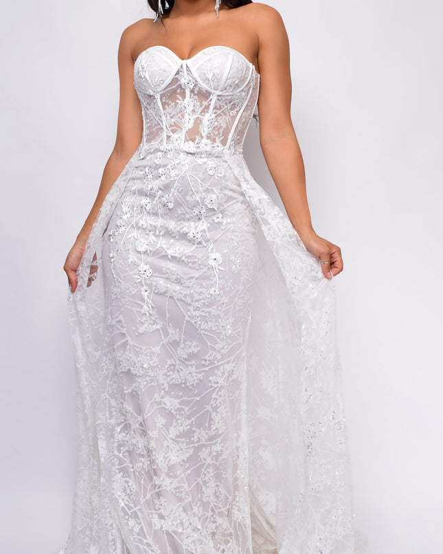 Strapless Floral Applique Tulle Overskirt Bridal Gown