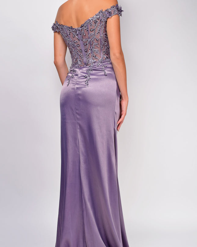 Lavender Purple Off Shoulder Sequin Gown