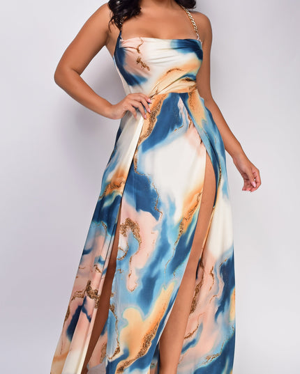 Beige Blue Multi Marble Double Slit Maxi Dress