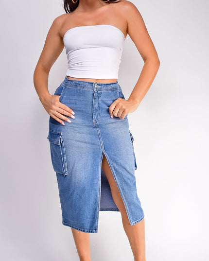 Blue Denim Cargo Midi Skirt