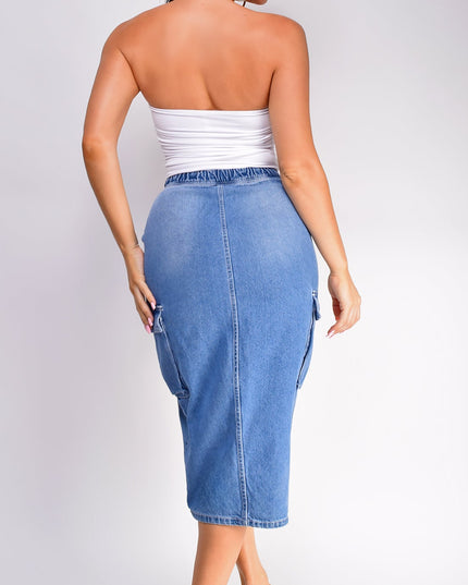 Blue Denim Cargo Midi Skirt