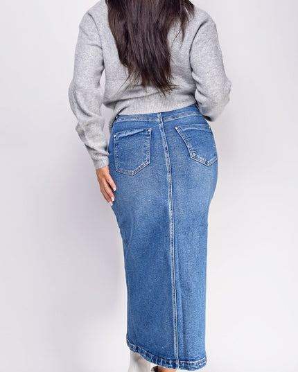 Blue Medium Wash Midi Denim Skirt