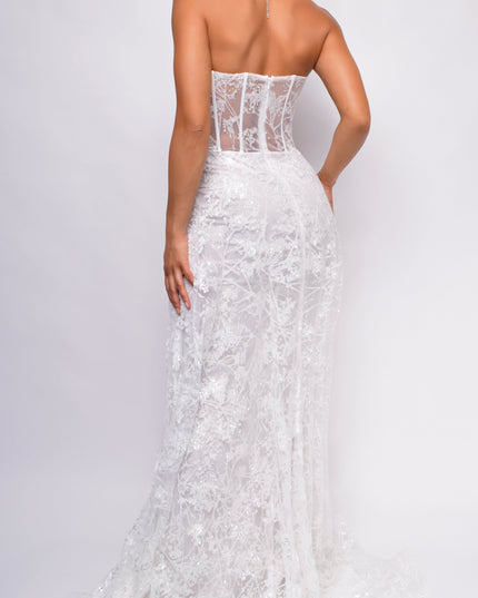 Strapless Floral Applique Tulle Overskirt Bridal Gown