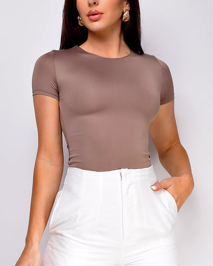 Beige Round Neck Bodysuit