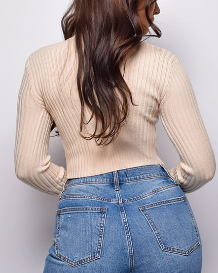 Beige Basic Turtle Neck Crop Ribbed Sweater Top