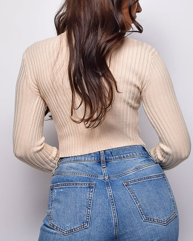 Beige Basic Turtle Neck Crop Ribbed Sweater Top