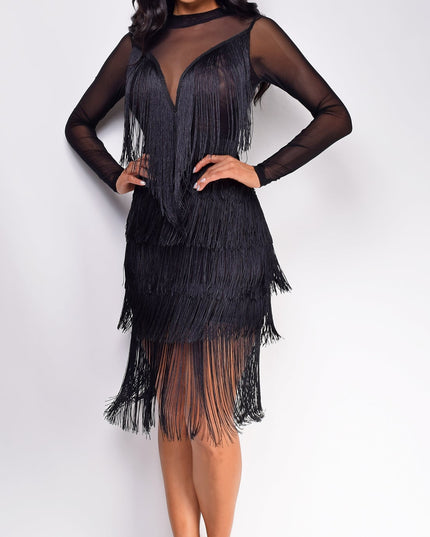 Black Mesh Fringe Mini Dress