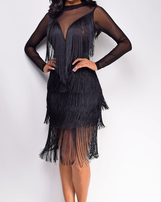 Black Mesh Fringe Mini Dress