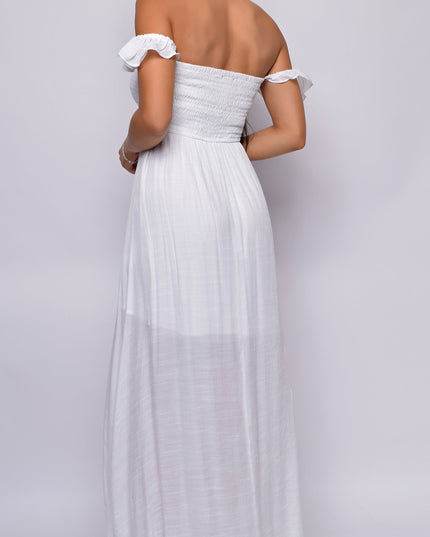 White Off Shoulder Boho Smocked Maxi Dress