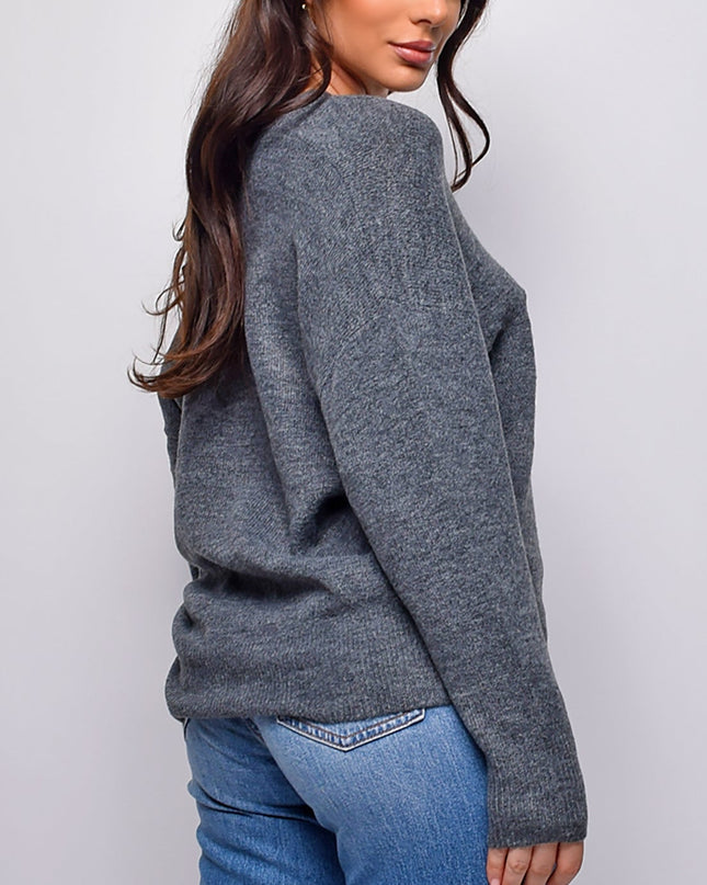 Gray V Neck Drop Shoulder Sweater Top