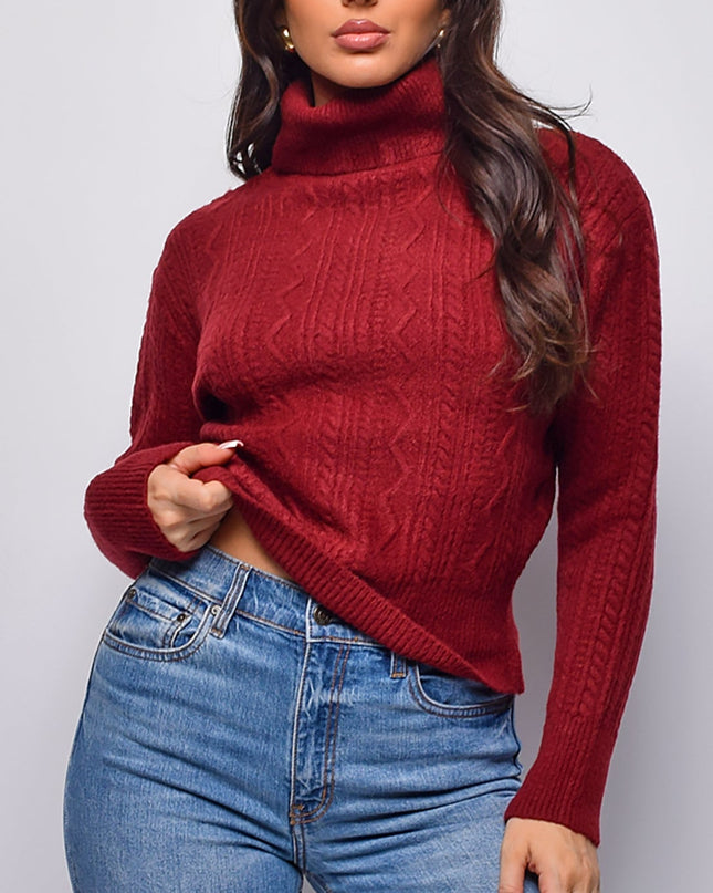 Burgundy Cable Knit Turtle Neck Sweater Top