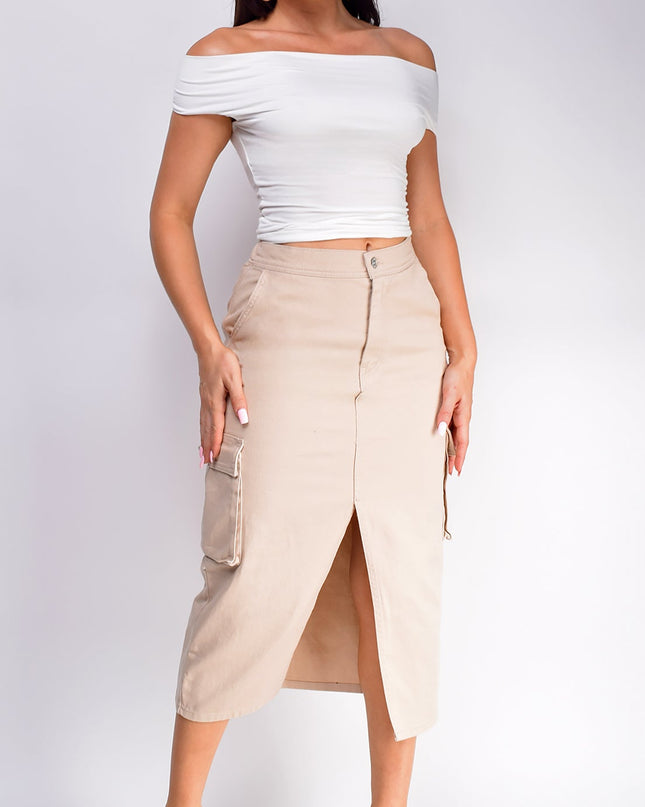 Beige Denim Cargo Midi Skirt