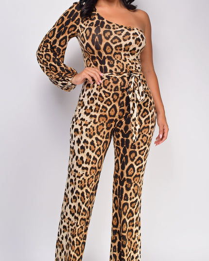 Brown One Sleeve Leopard Print Jumpsuit