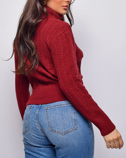 Burgundy Cable Knit Turtle Neck Sweater Top