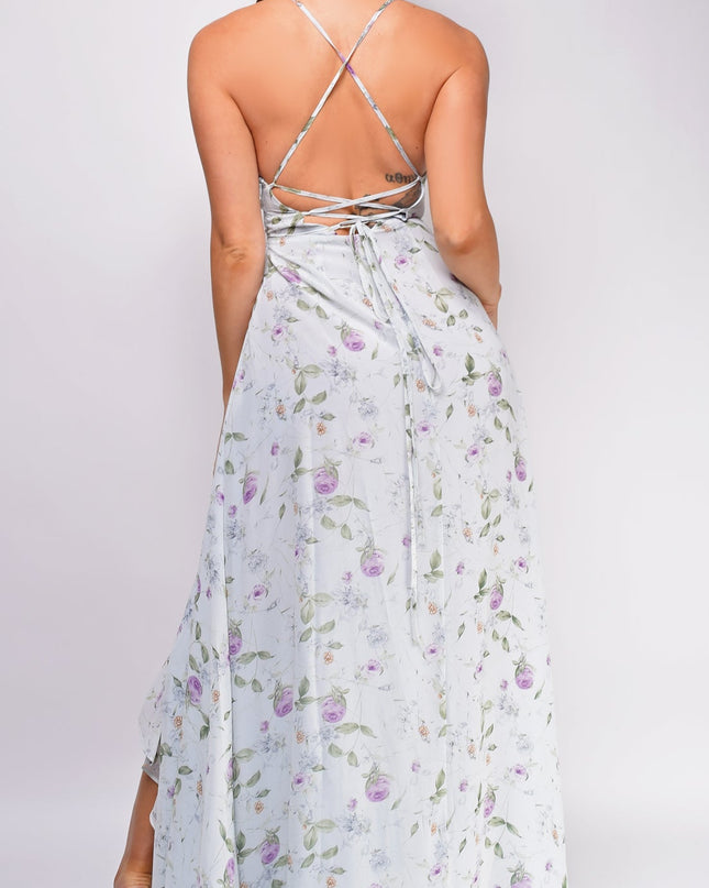 Blue Floral Print Surplice Ruffle Maxi Dress