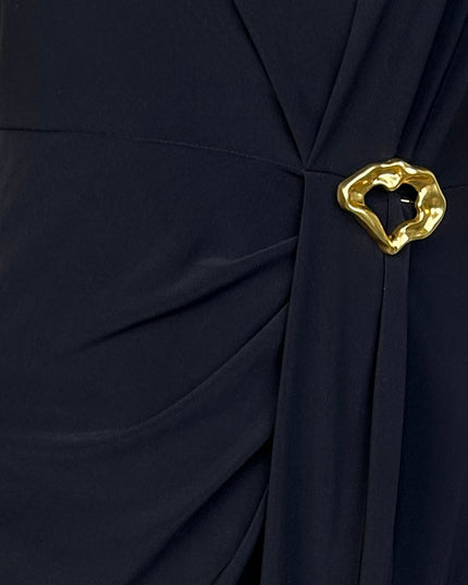 Black Pleated Gold Accent Midi Dress