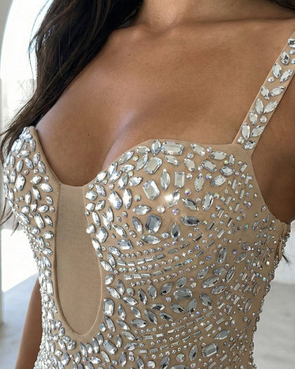 Beige Rhinestone Cutout Maxi Dress