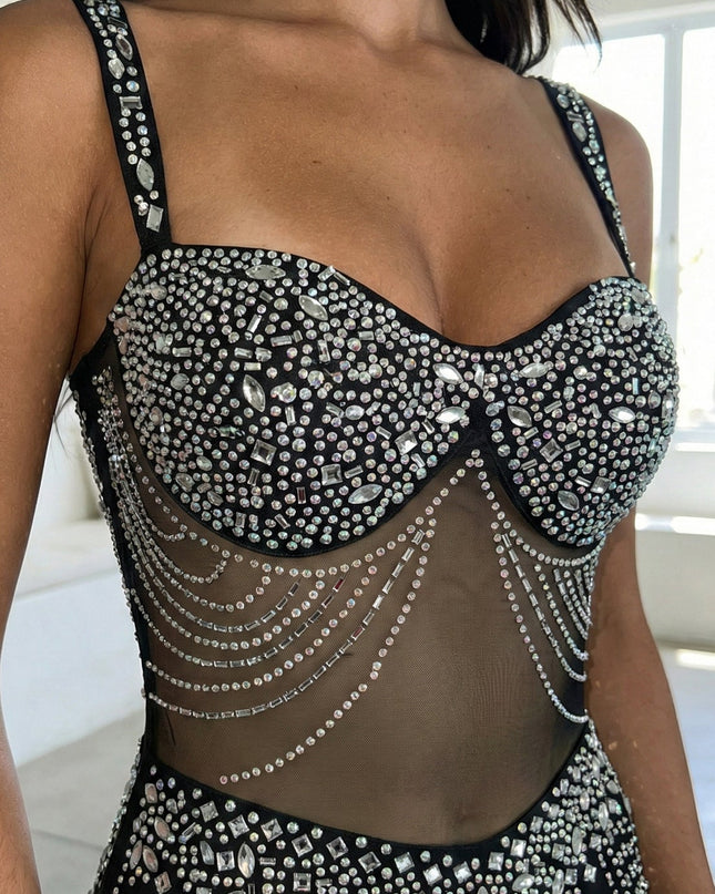 Black Contrast Rhinestone Maxi Dress