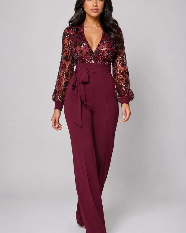 Wine Red Sequin Jumpsuit