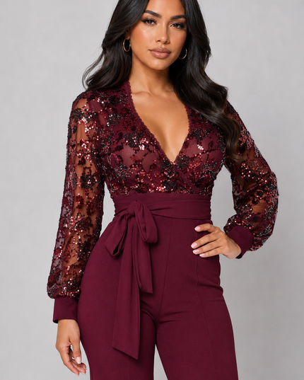 Wine Red Sequin Jumpsuit