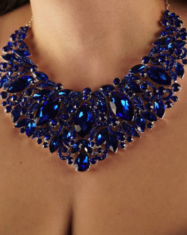 Blue Sapphire Leaf Marquise Stone Necklace & Earrings Set
