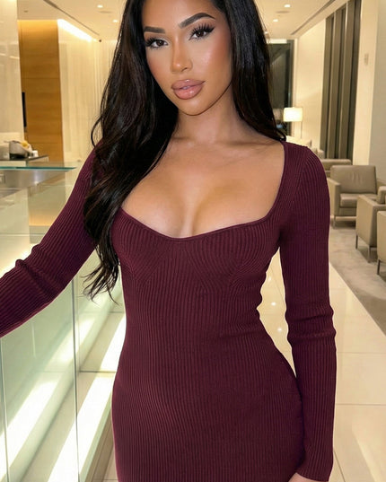 Burgundy Red Ribbed Midi Dress