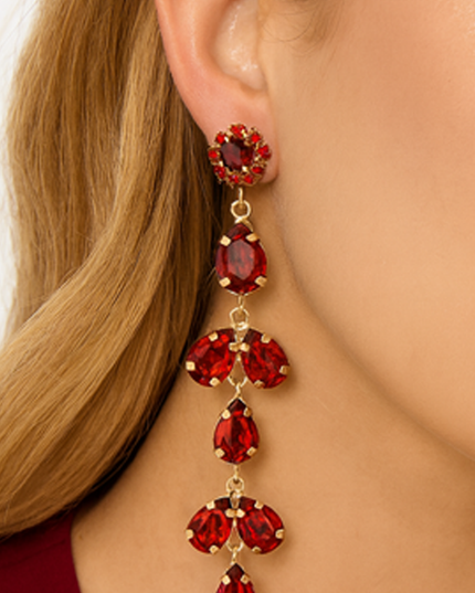 Red Long Drop Crystal Chandelier Earrings