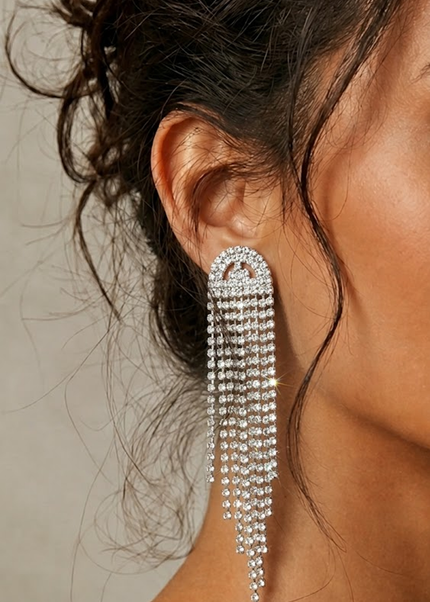 Silver Rhinestone Fringe Drop Earrings