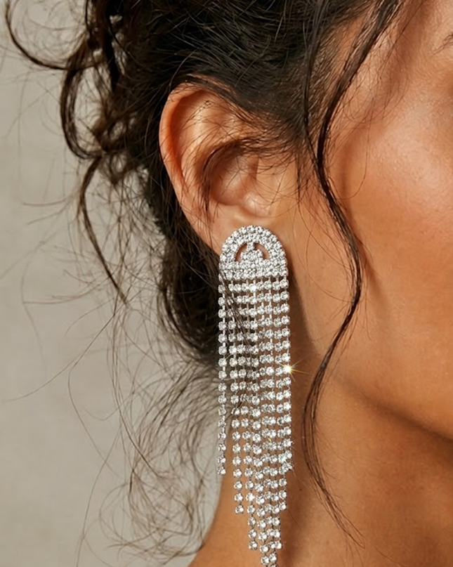 Silver Rhinestone Fringe Drop Earrings
