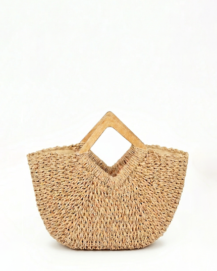 Beige Faux Straw Wood Handle Tote Bag