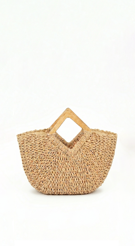 Beige Faux Straw Wood Handle Tote Bag