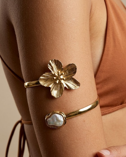 Gold Flower Pearl Arm Cuff Bracelet