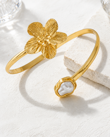 Gold Flower Pearl Arm Cuff Bracelet