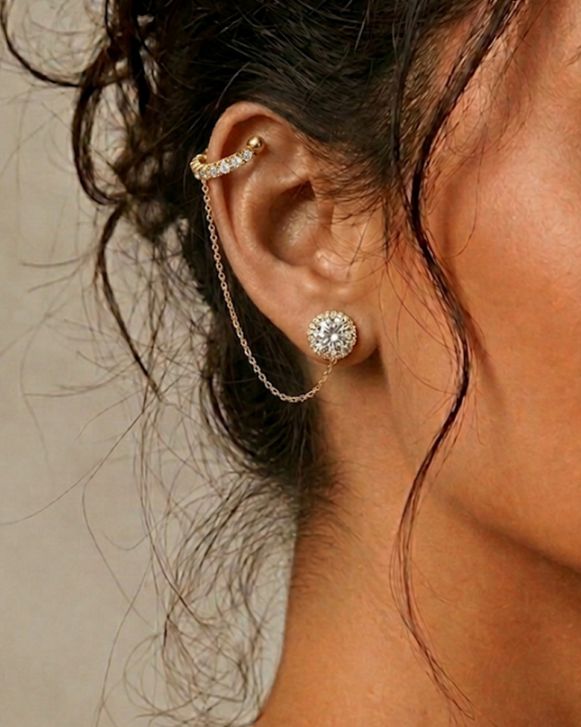 Gold Rhinestone Stud Chain Link Cuff Earring