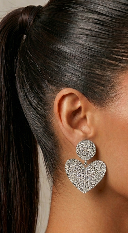 Silver Heart Rhinestone Earrings