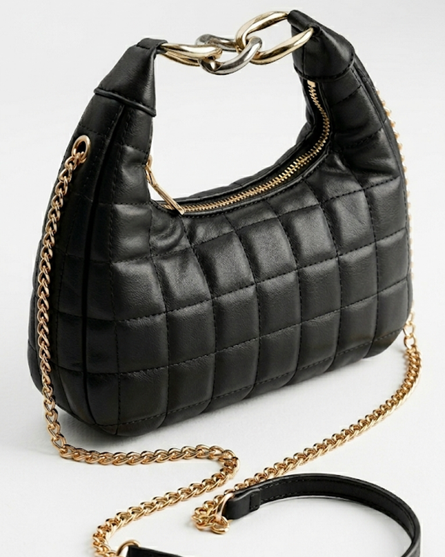 Black Quilted Faux Leather Hobo Bag