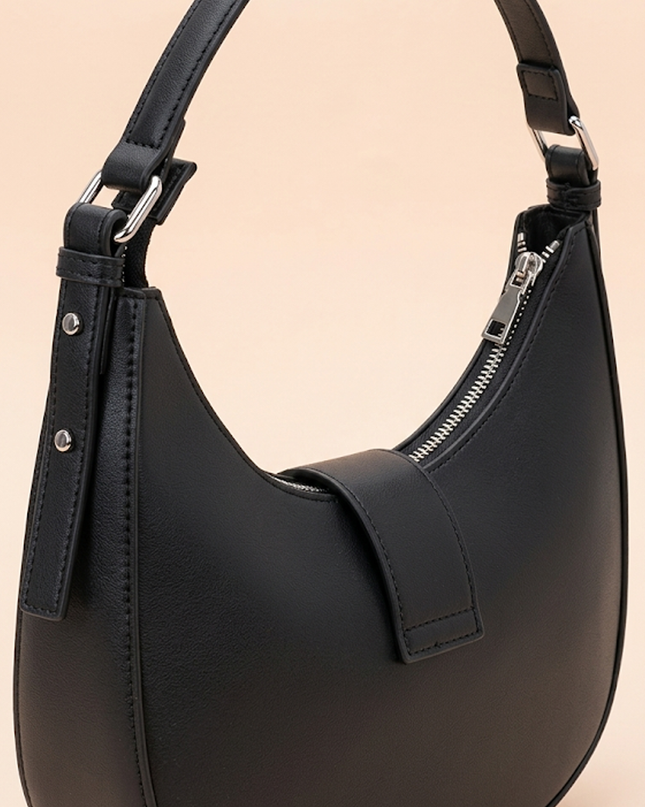 Black Faux Leather Hobo Bag