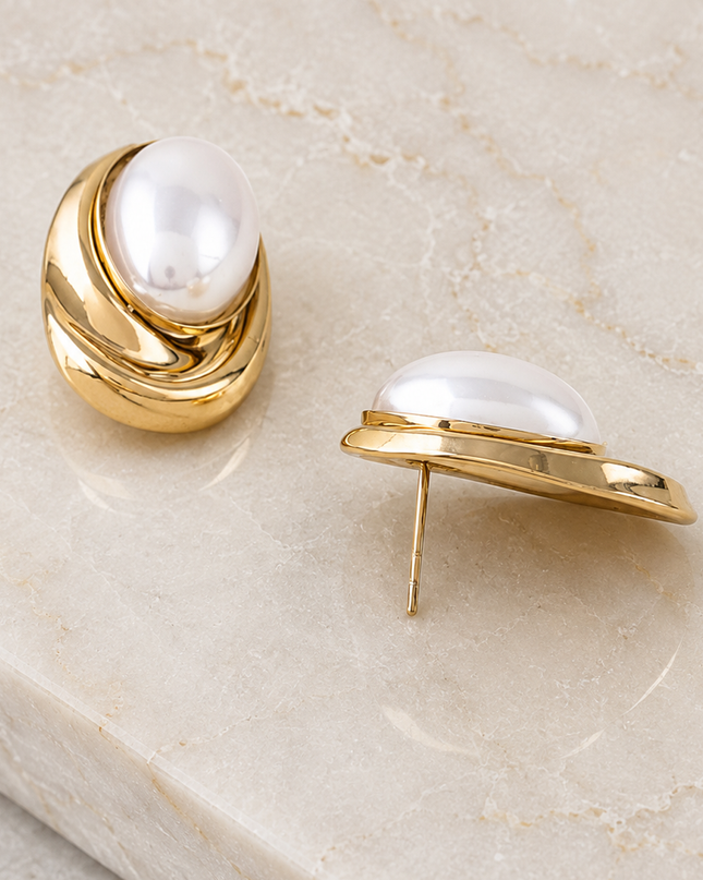 Gold Coral Ripple Pearl Stone Earrings