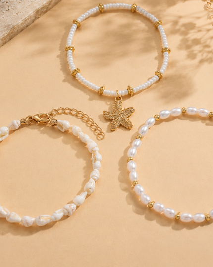 White Charm 3 Piece Anklet Set