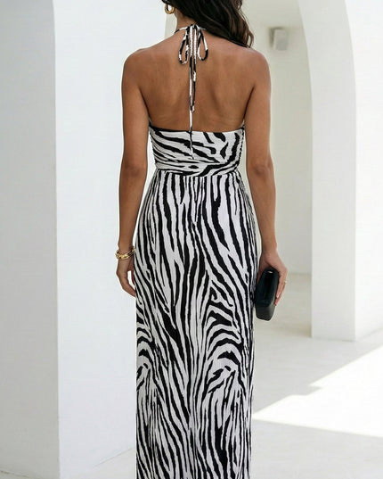 White Zebra Pleated Halter Maxi Dress