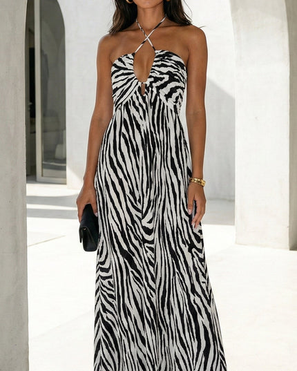 White Zebra Pleated Halter Maxi Dress