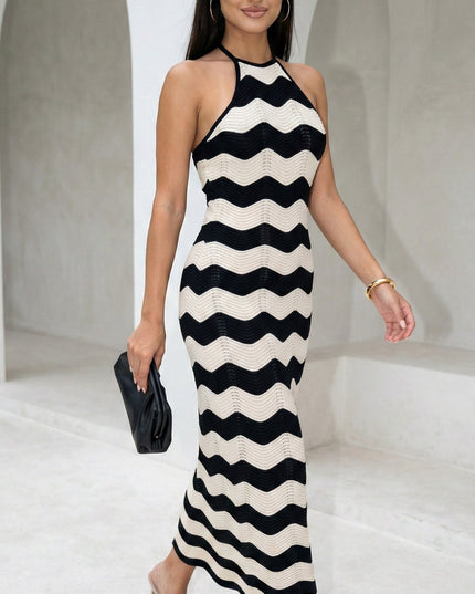 Cream Beige Knit Halter Maxi Dress