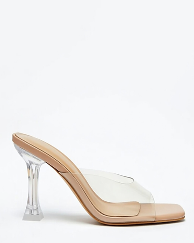 Beige Clear Strap Mule Heels