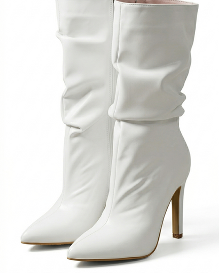 White Faux Leather Ruched High Heel Booties